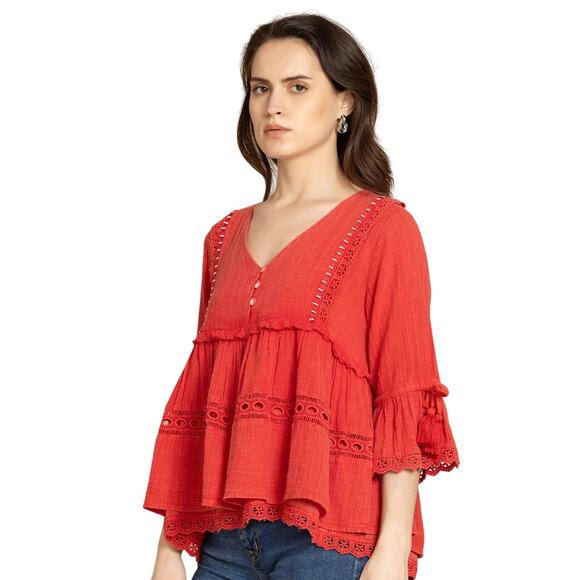 BOHERA Blouse XL Boho Shirred Ruffle Tiered Pinkilicious V-Neck Lace & Beads NWT - Picture 1 of 15